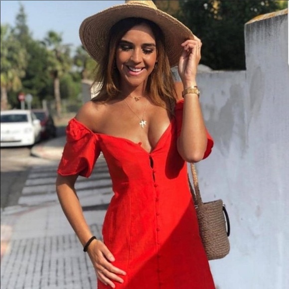 Zara Woman Red Linen Flutter Sleeve Button Dress - Picture 11 of 15